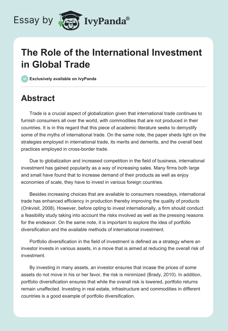 The Role of the International Investment in Global Trade. Page 1