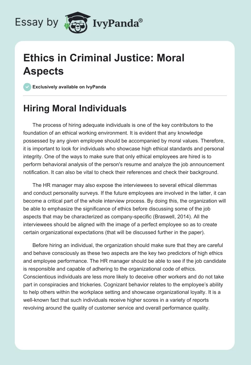 Ethics in Criminal Justice: Moral Aspects. Page 1