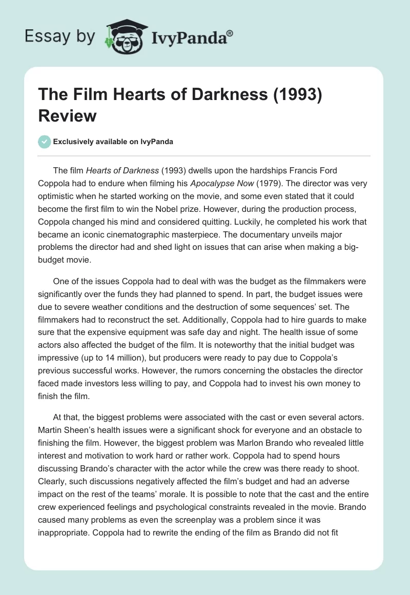 The Film "Hearts of Darkness (1993)" Review. Page 1