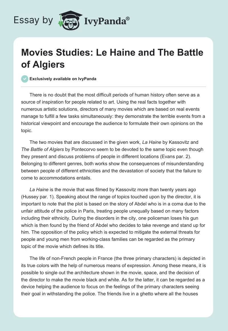 Movies Studies: "Le Haine" and The Battle of Algiers. Page 1