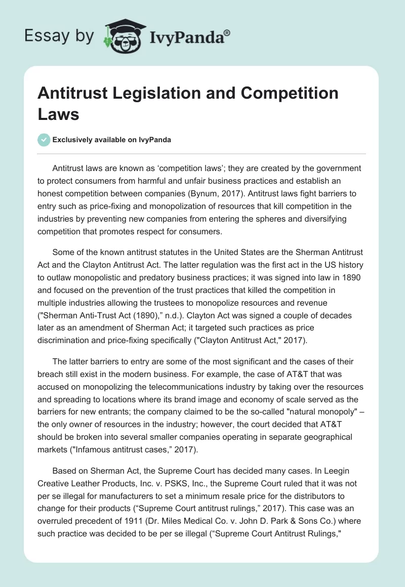 Antitrust Legislation and Competition Laws. Page 1