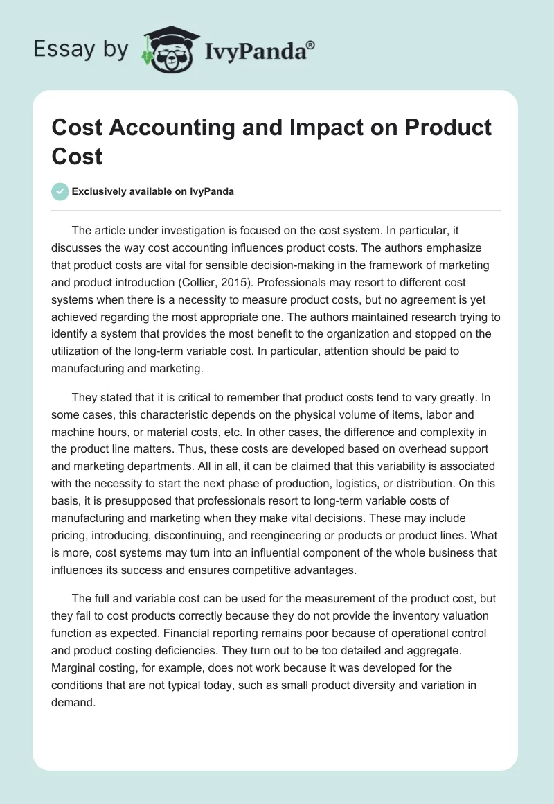 Cost Accounting and Impact on Product Cost. Page 1
