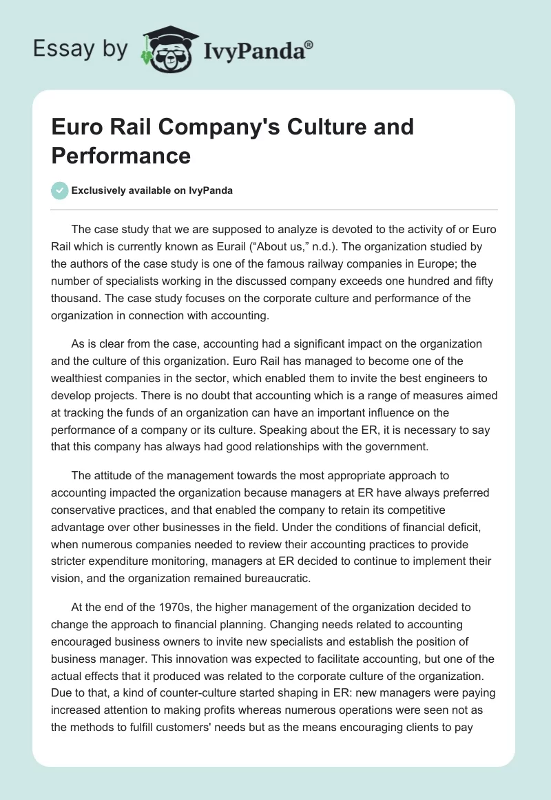 Euro Rail Company's Culture and Performance. Page 1