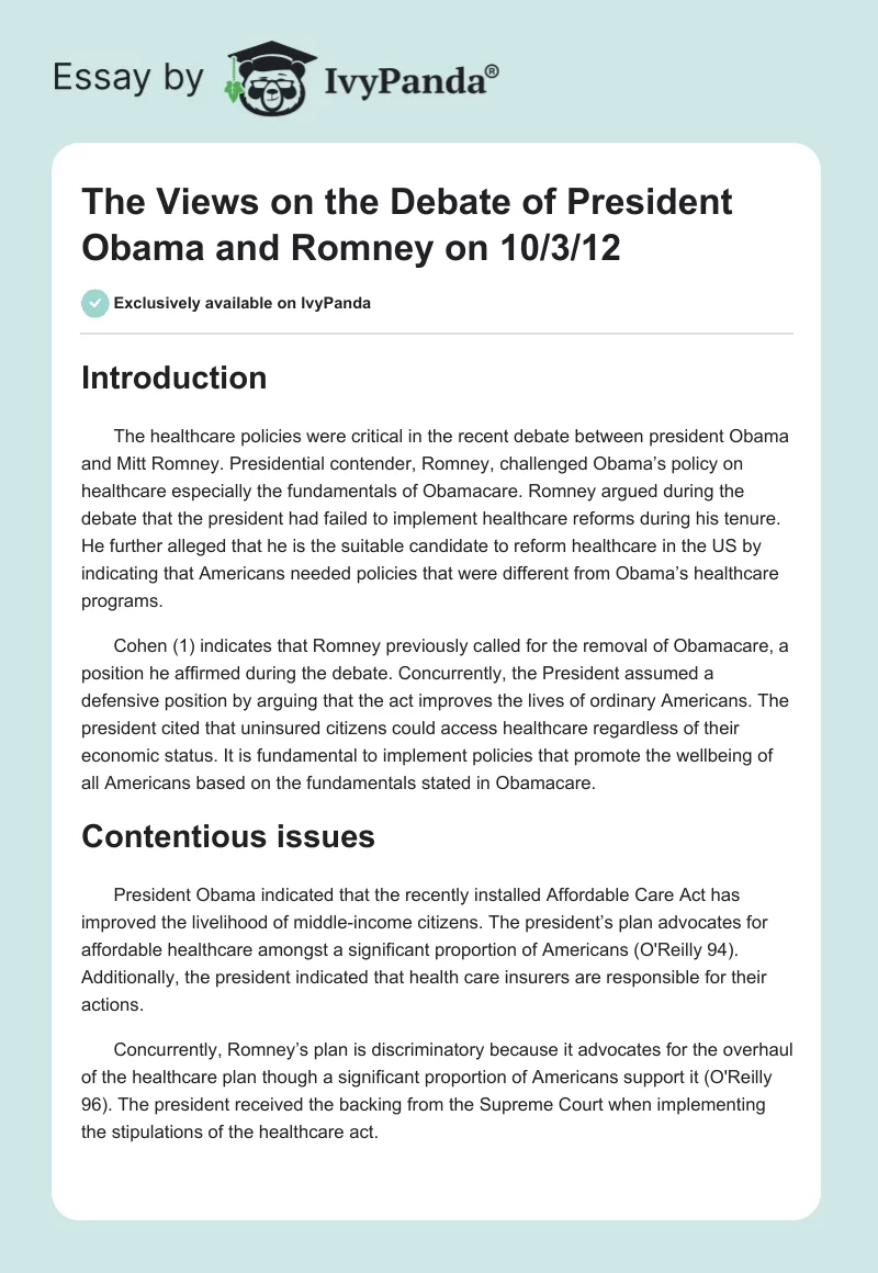 The Views on the Debate of President Obama and Romney on 10/3/12. Page 1