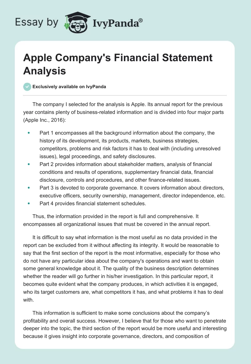 Apple Company's Financial Statement Analysis. Page 1