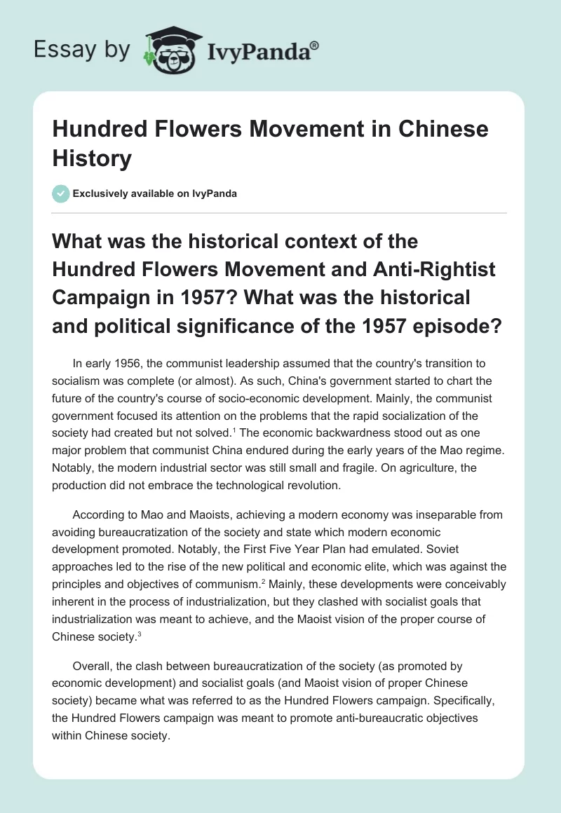 Hundred Flowers Movement in Chinese History. Page 1