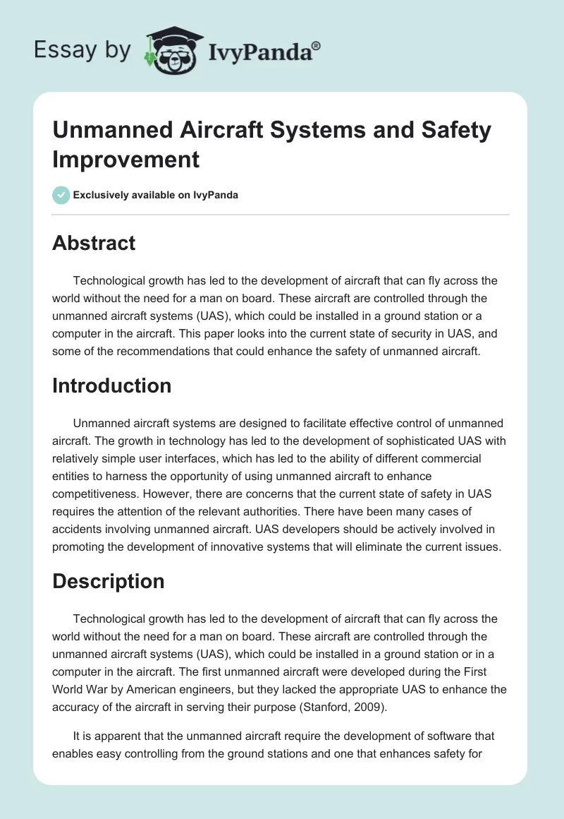 Unmanned Aircraft Systems and Safety Improvement. Page 1