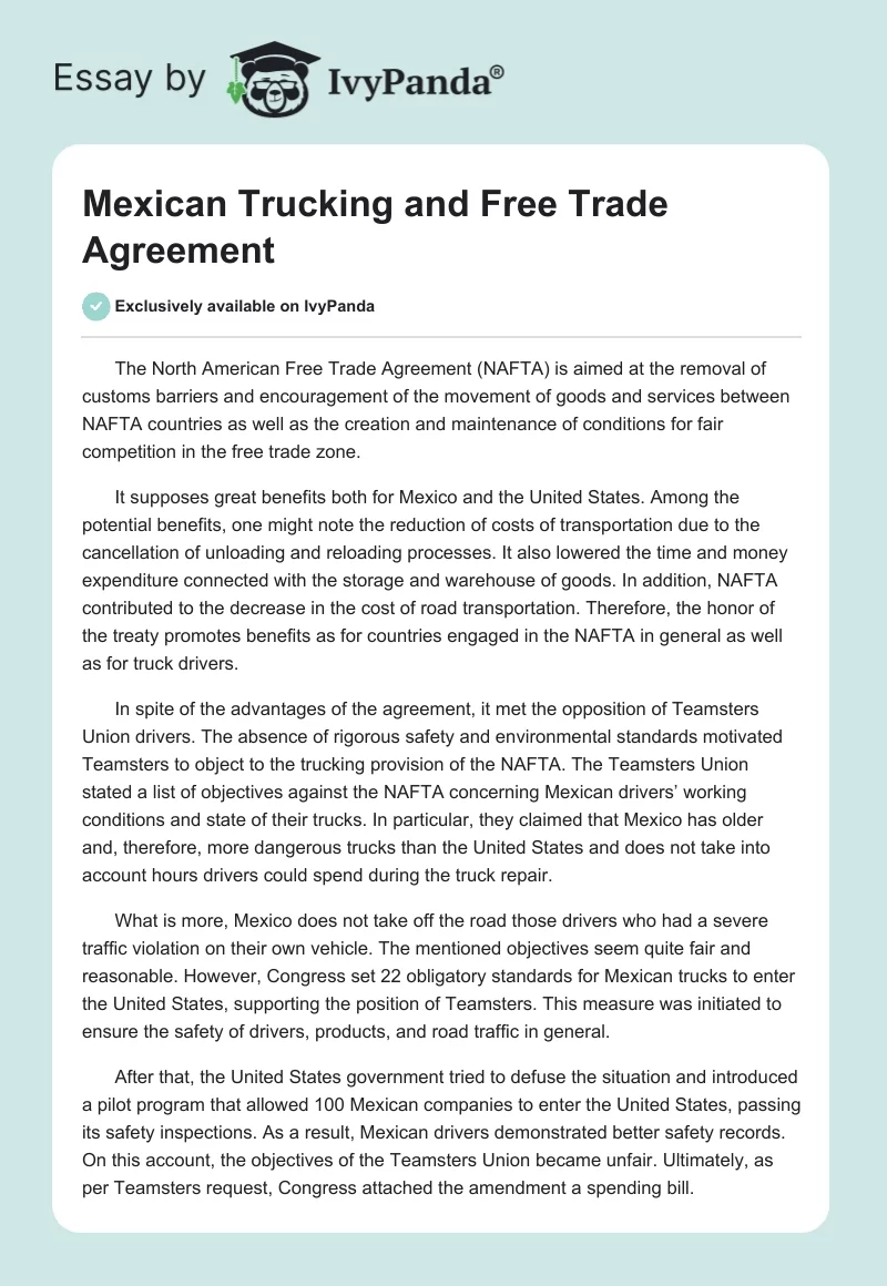 Mexican Trucking and Free Trade Agreement. Page 1