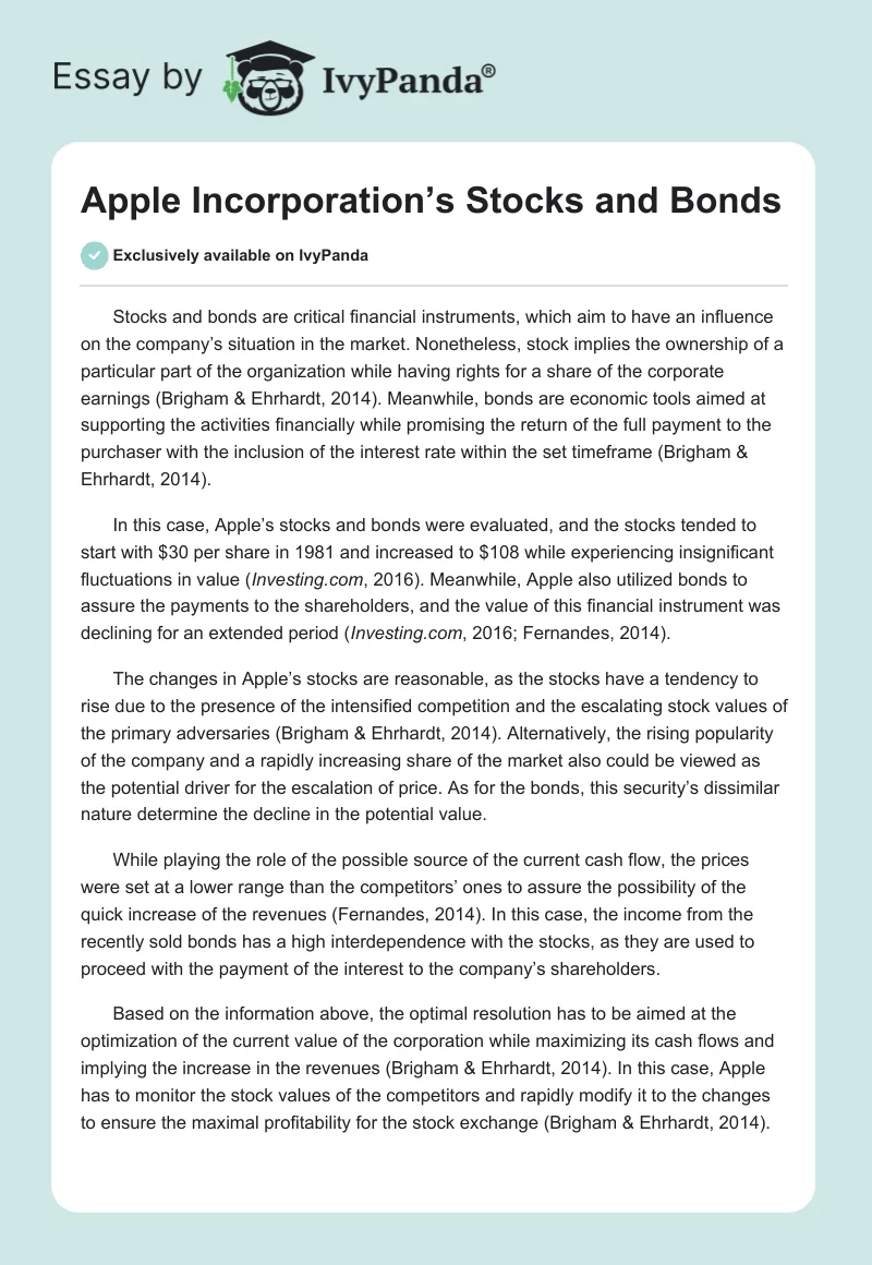 Apple Incorporation’s Stocks and Bonds. Page 1