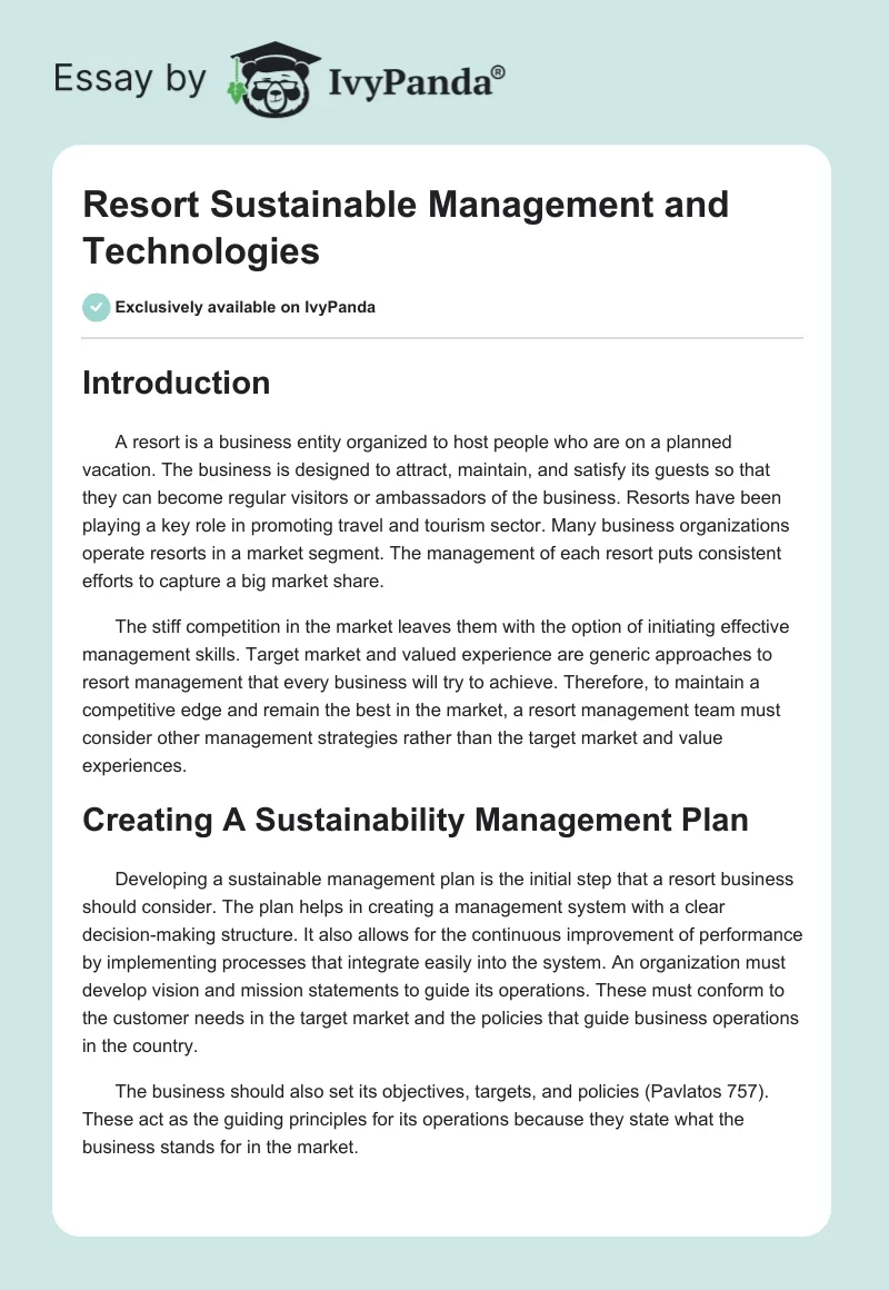 Resort Sustainable Management and Technologies. Page 1
