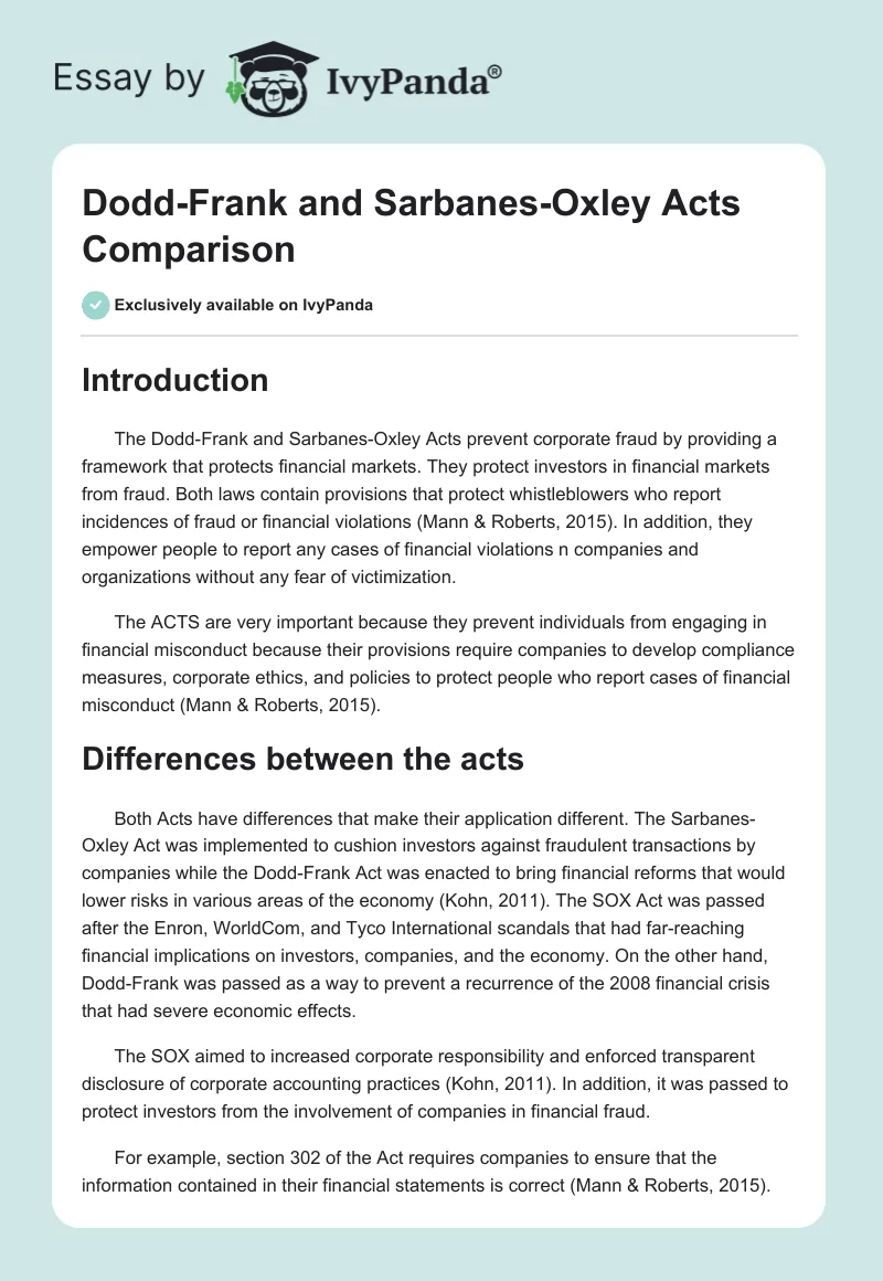 Dodd-Frank and Sarbanes-Oxley Acts Comparison. Page 1