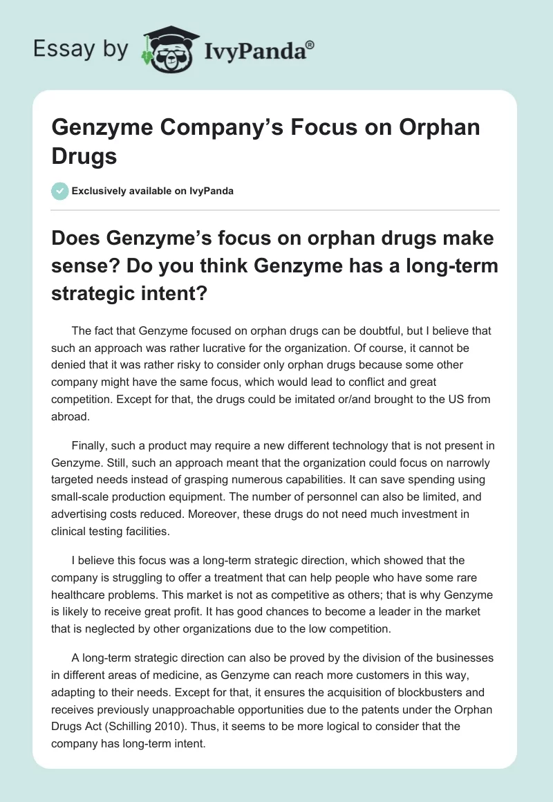 Genzyme Company’s Focus on Orphan Drugs. Page 1