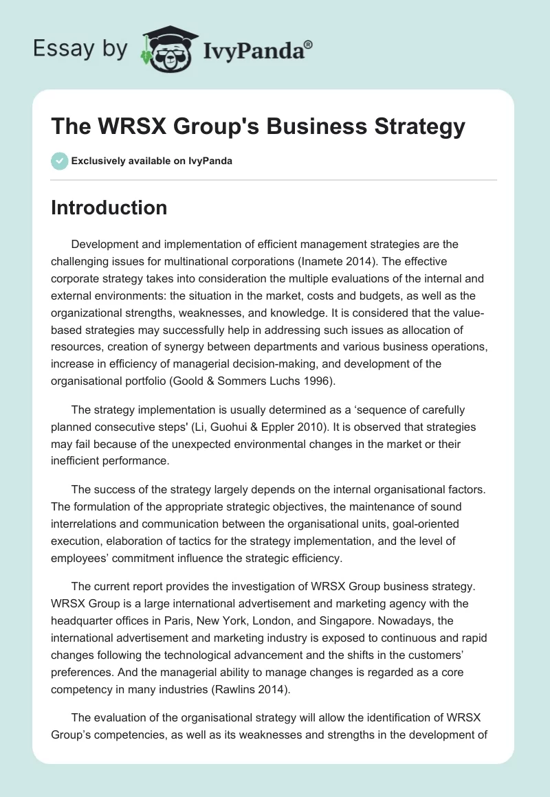 The WRSX Group's Business Strategy. Page 1