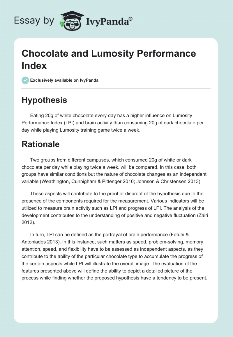 Chocolate and Lumosity Performance Index. Page 1