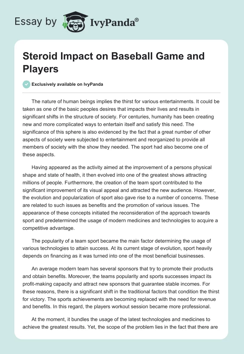 Steroid Impact on Baseball Game and Players. Page 1