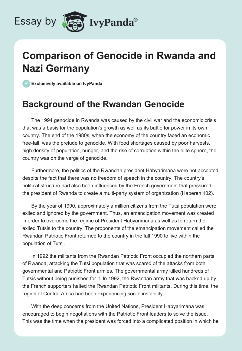 Comparison of Genocide in Rwanda and Nazi Germany. Page 1