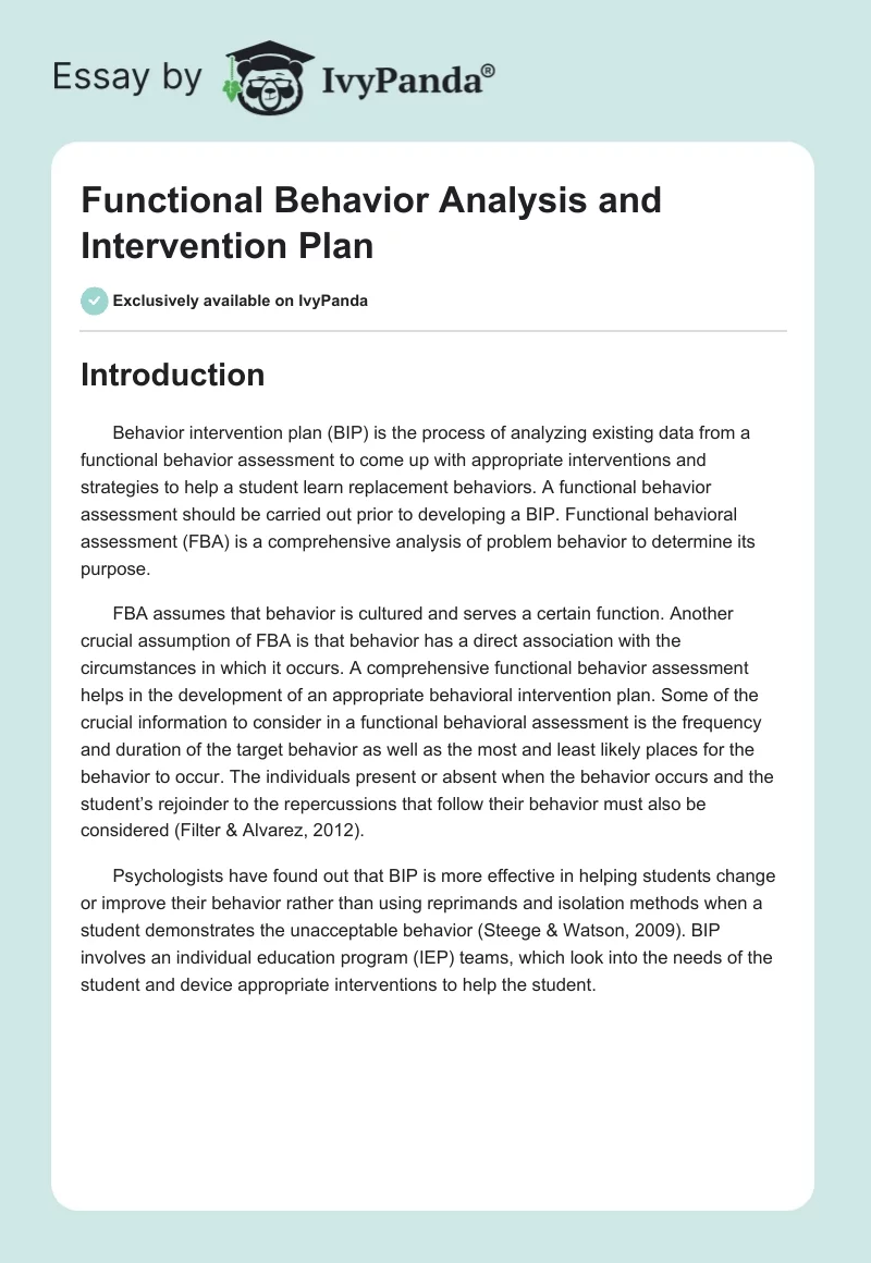 Functional Behavior Analysis and Intervention Plan. Page 1