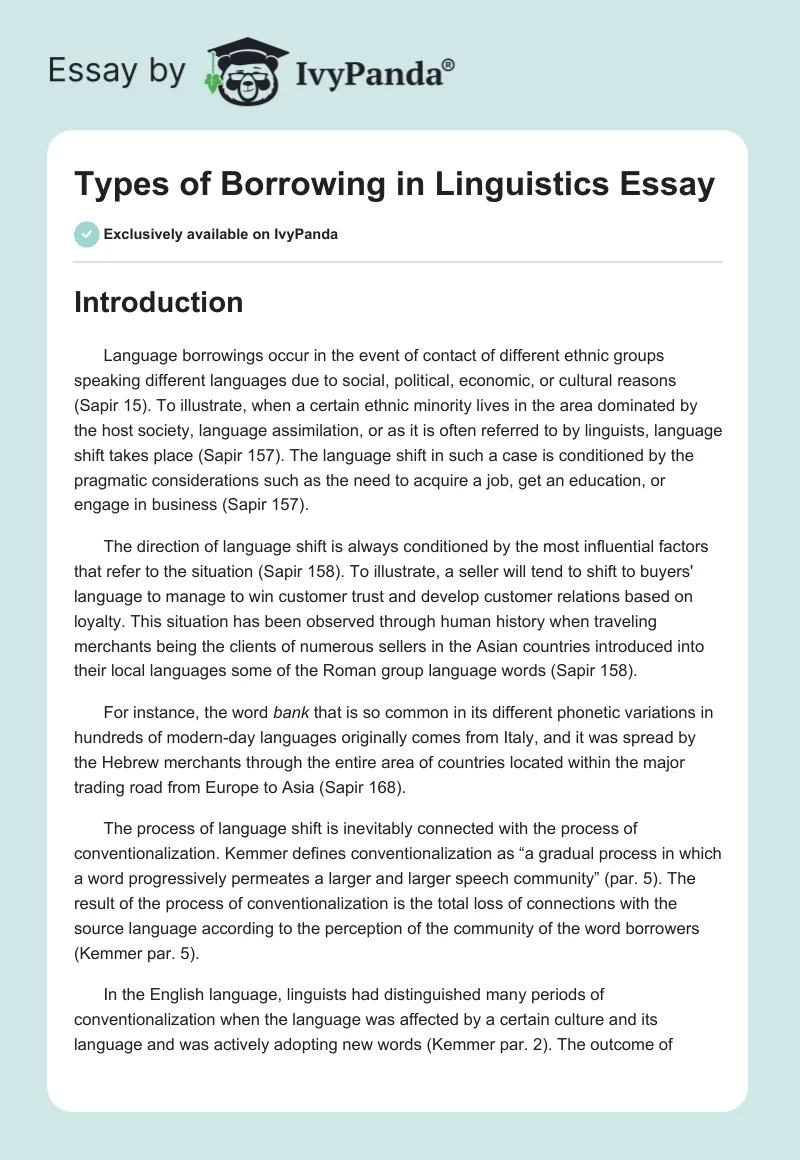 Types of Borrowing in Linguistics Essay. Page 1