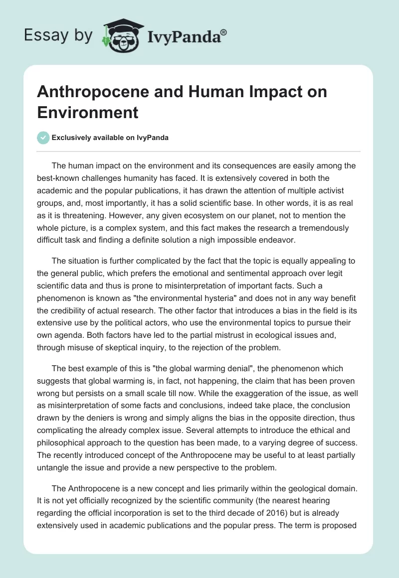 Anthropocene and Human Impact on Environment. Page 1