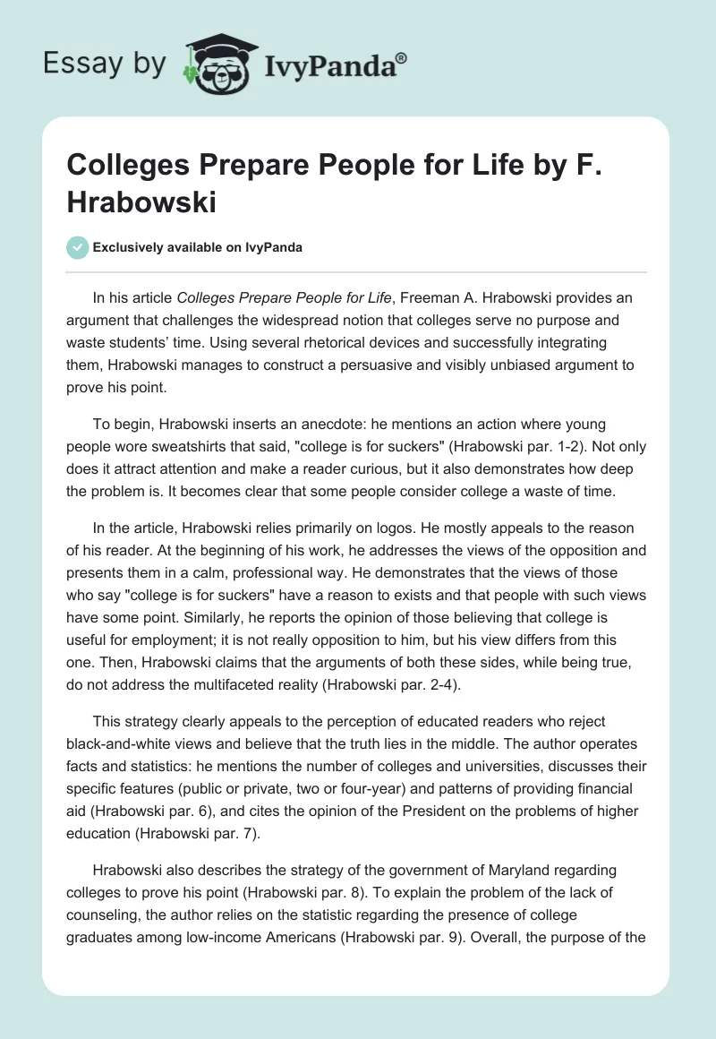 "Colleges Prepare People for Life" by F. Hrabowski. Page 1