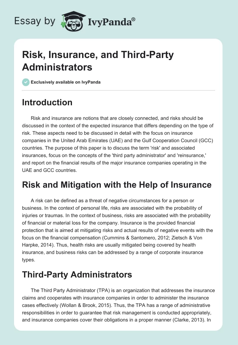Risk, Insurance, and Third-Party Administrators. Page 1