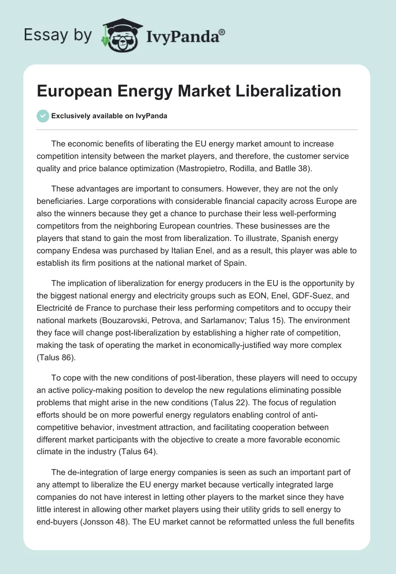 European Energy Market Liberalization. Page 1