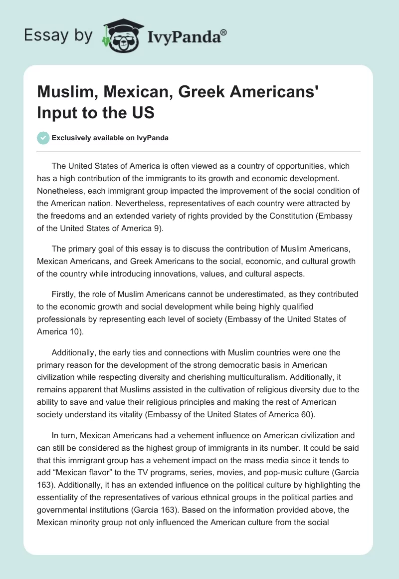 Muslim, Mexican, Greek Americans' Input to the US. Page 1