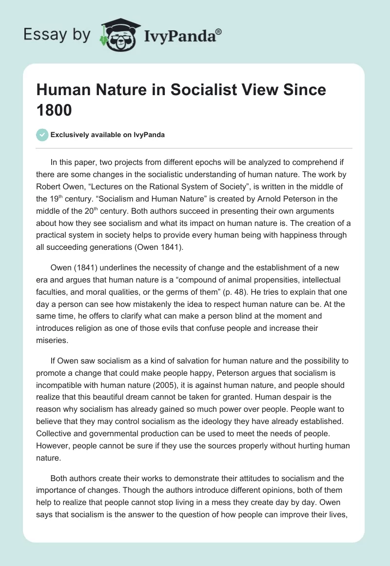 Human Nature in Socialist View Since 1800. Page 1