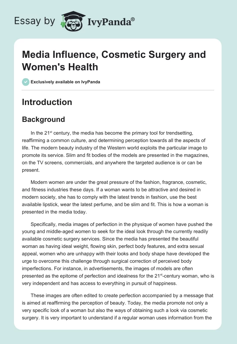 Media Influence, Cosmetic Surgery and Women's Health. Page 1
