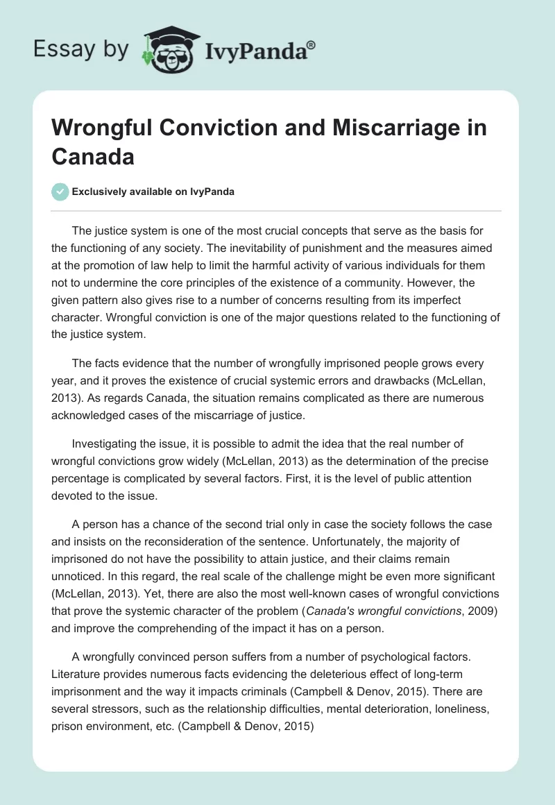 Wrongful Conviction and Miscarriage in Canada. Page 1