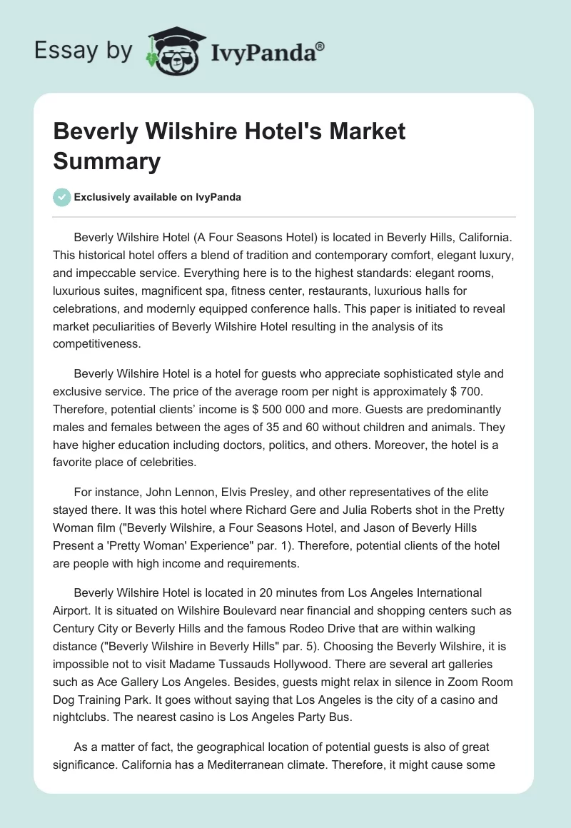 Beverly Wilshire Hotel's Market Summary. Page 1