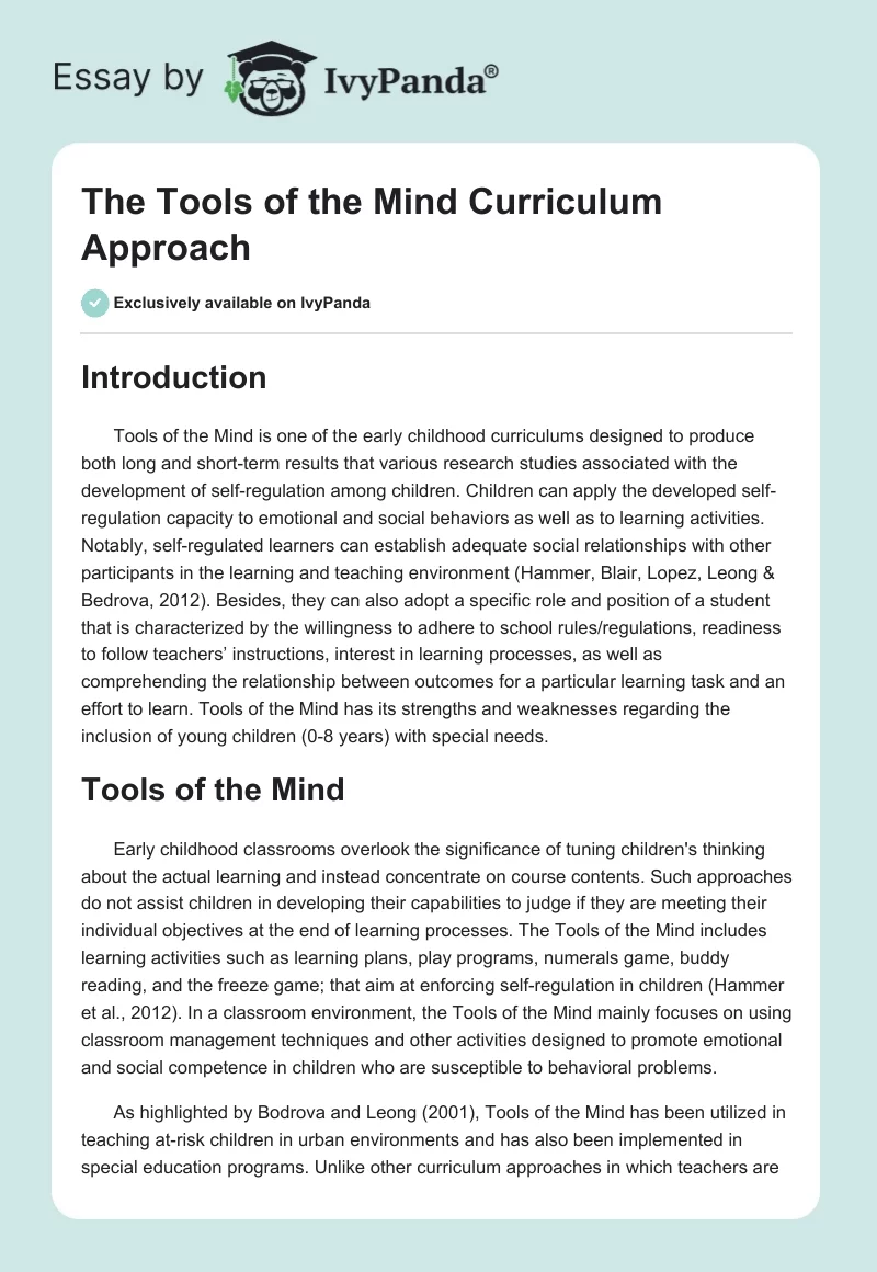 The Tools of the Mind Curriculum Approach. Page 1