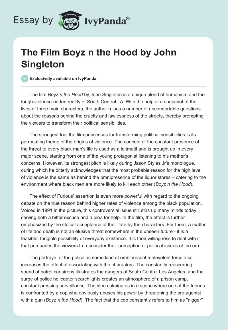 The Film "Boyz n the Hood" by John Singleton. Page 1