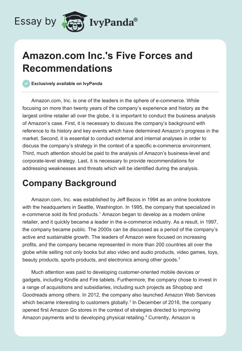 Amazon.com Inc.'s Five Forces and Recommendations. Page 1