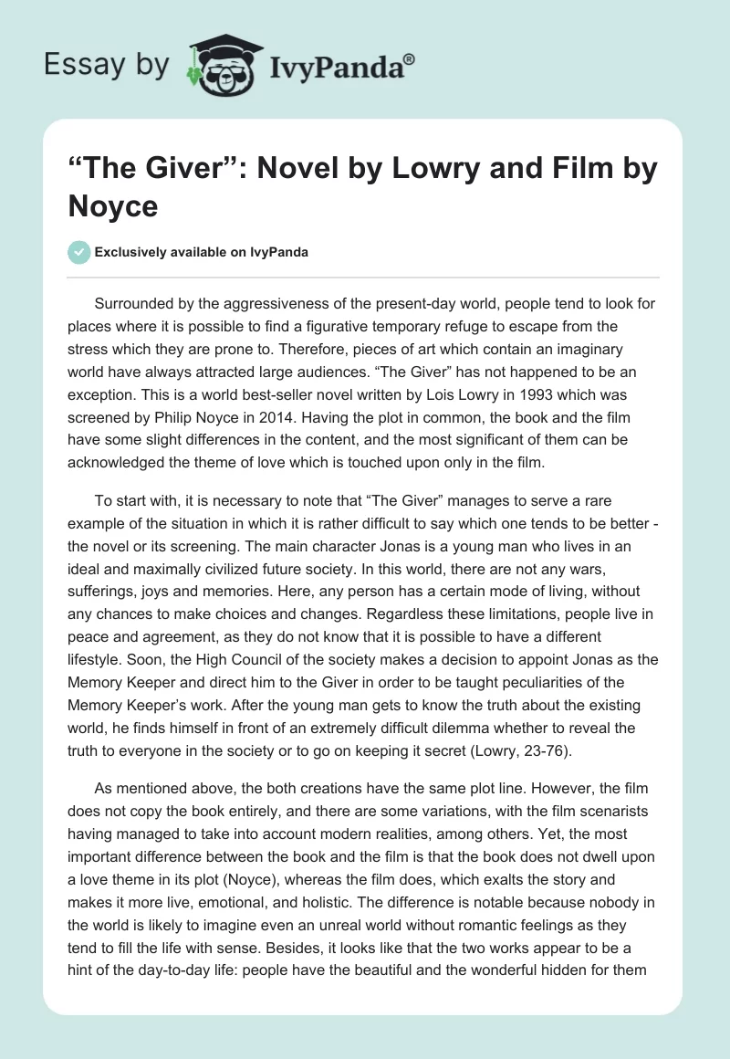 “The Giver”: Novel by Lowry and Film by Noyce. Page 1
