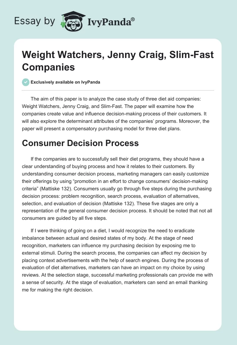 Weight Watchers, Jenny Craig, Slim-Fast Companies. Page 1