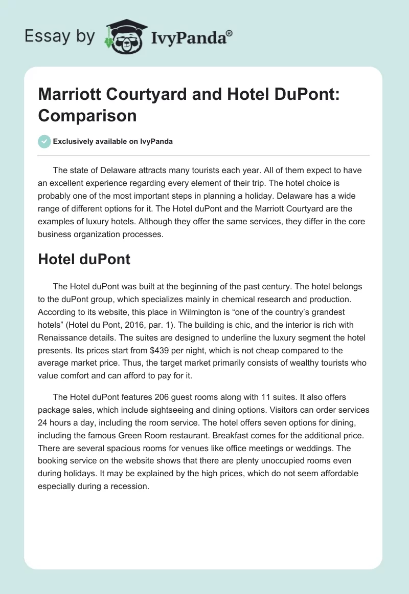 Marriott Courtyard and Hotel DuPont: Comparison. Page 1