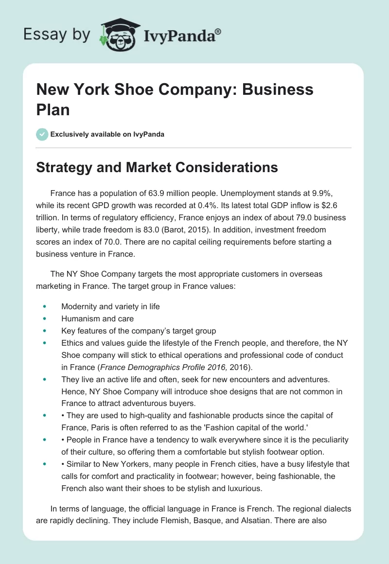 New York Shoe Company: Business Plan. Page 1