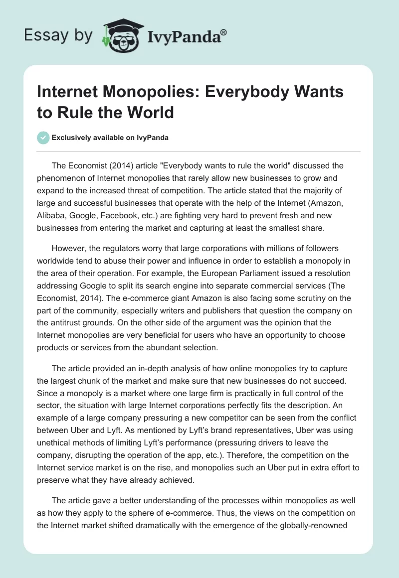 Internet Monopolies: Everybody Wants to Rule the World. Page 1