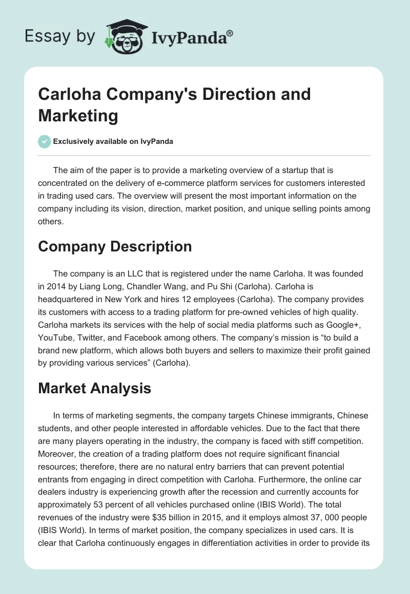 Carloha Company's Direction and Marketing. Page 1