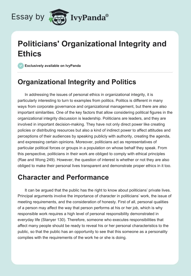 Politicians' Organizational Integrity and Ethics. Page 1