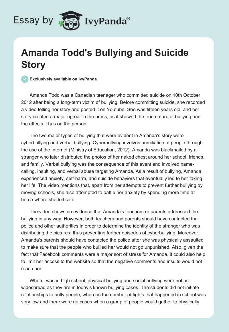 Amanda Todd's Bullying and Suicide Story. Page 1