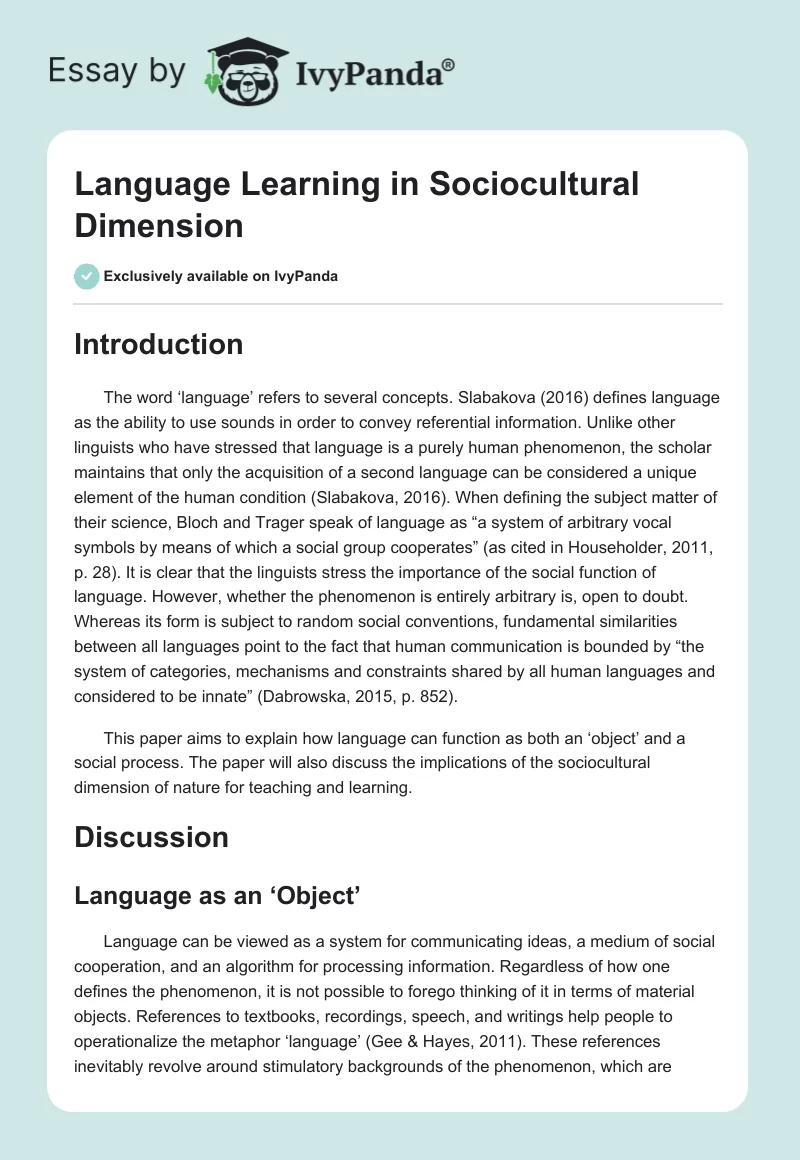 Language Learning in Sociocultural Dimension. Page 1