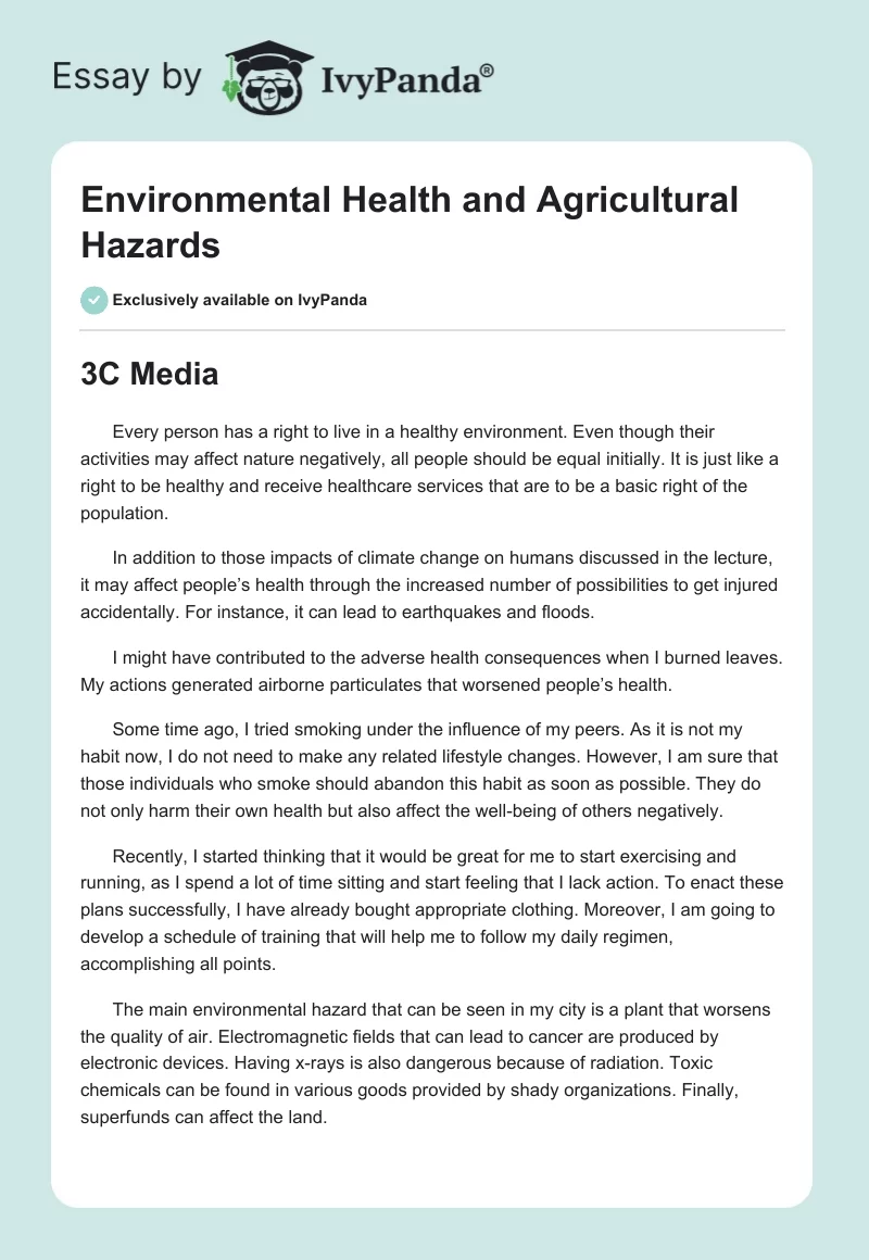 Environmental Health and Agricultural Hazards. Page 1