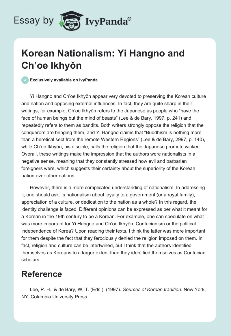 Korean Nationalism: Yi Hangno and Ch’oe Ikhyŏn. Page 1