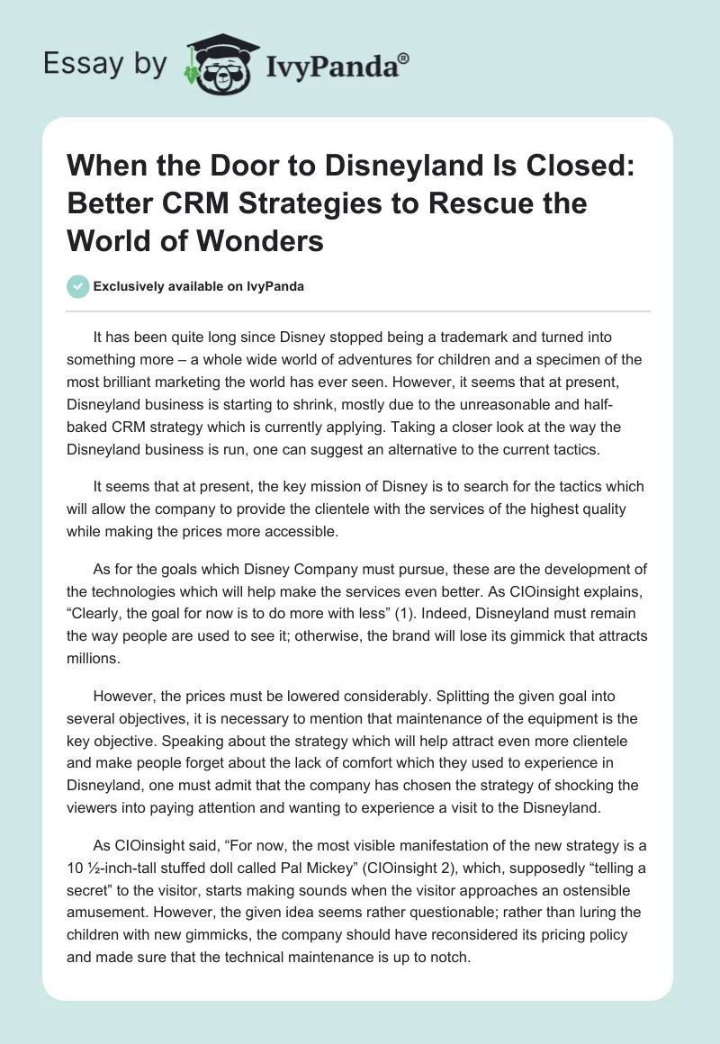 When the Door to Disneyland Is Closed: Better CRM Strategies to Rescue the World of Wonders. Page 1