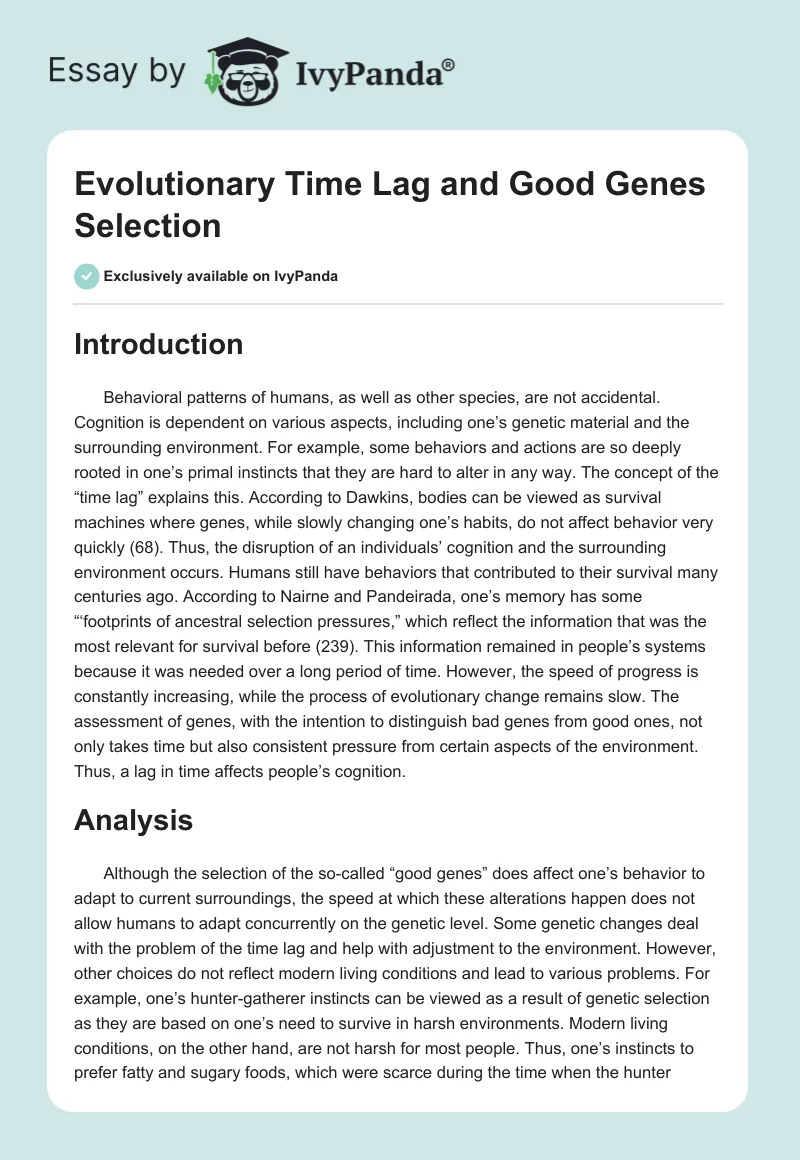 Evolutionary Time Lag and Good Genes Selection. Page 1