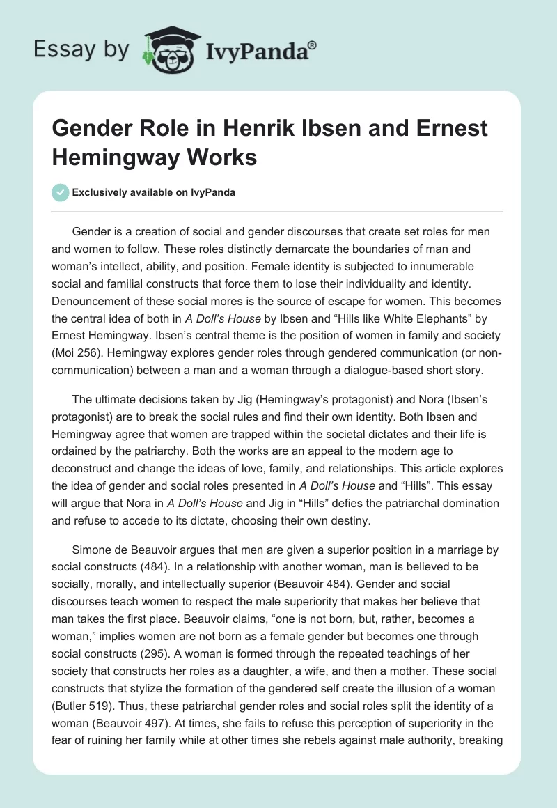 Gender Role in Henrik Ibsen and Ernest Hemingway Works. Page 1