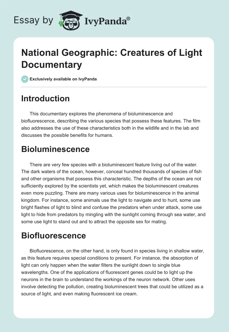 "National Geographic: Creatures of Light" Documentary. Page 1