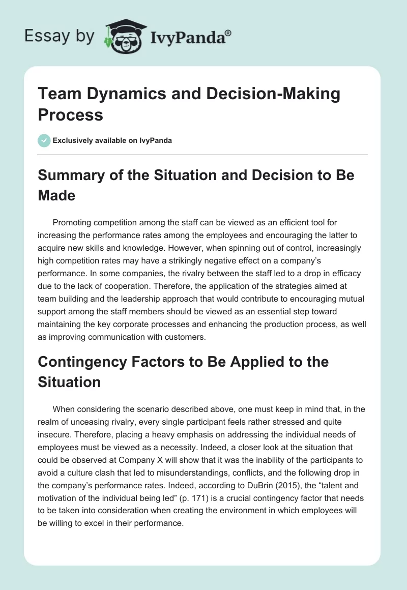 Team Dynamics and Decision-Making Process. Page 1